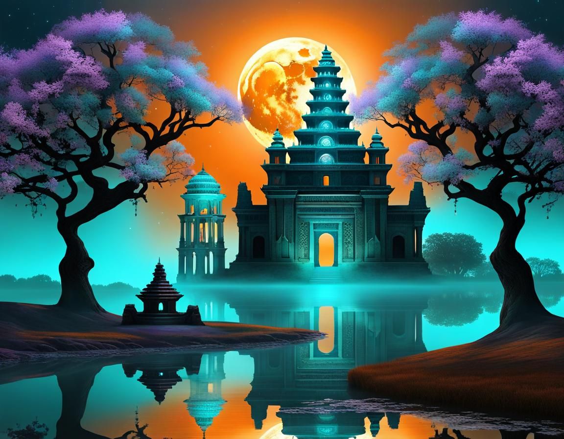 Atlantis Temples Under Orange Moon in Surreal Style