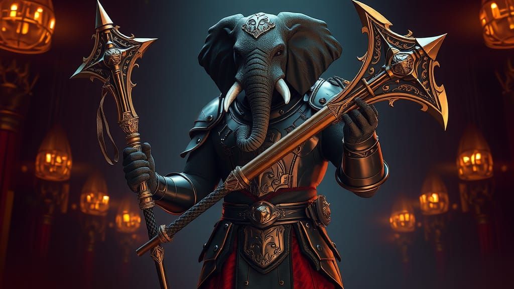 Elephant Knight with Glaive in Hyperrealistic Style