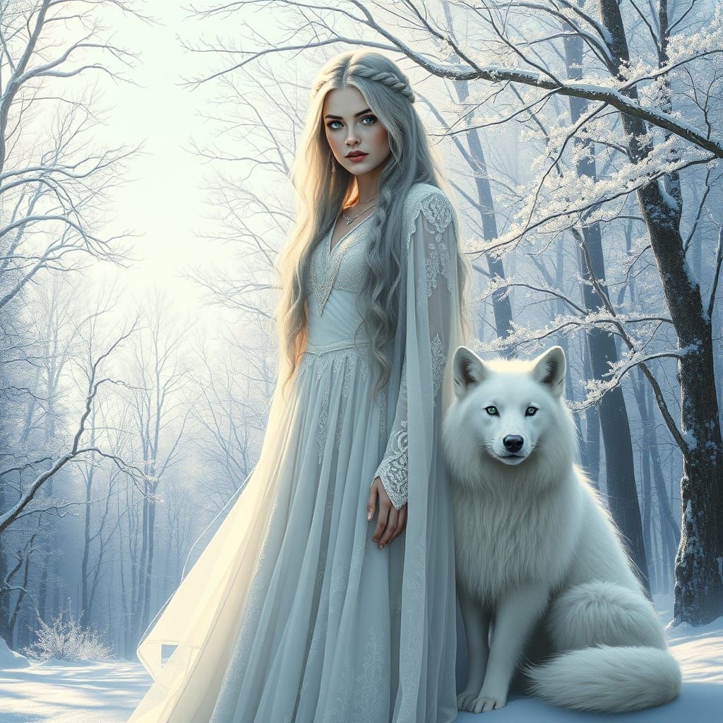 Regal Sorceress in Snowy Forest Glows with Ethereal Light