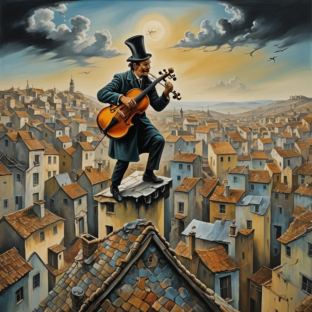Surreal Fiddler on a Roof: Dali-esque Oil Painting