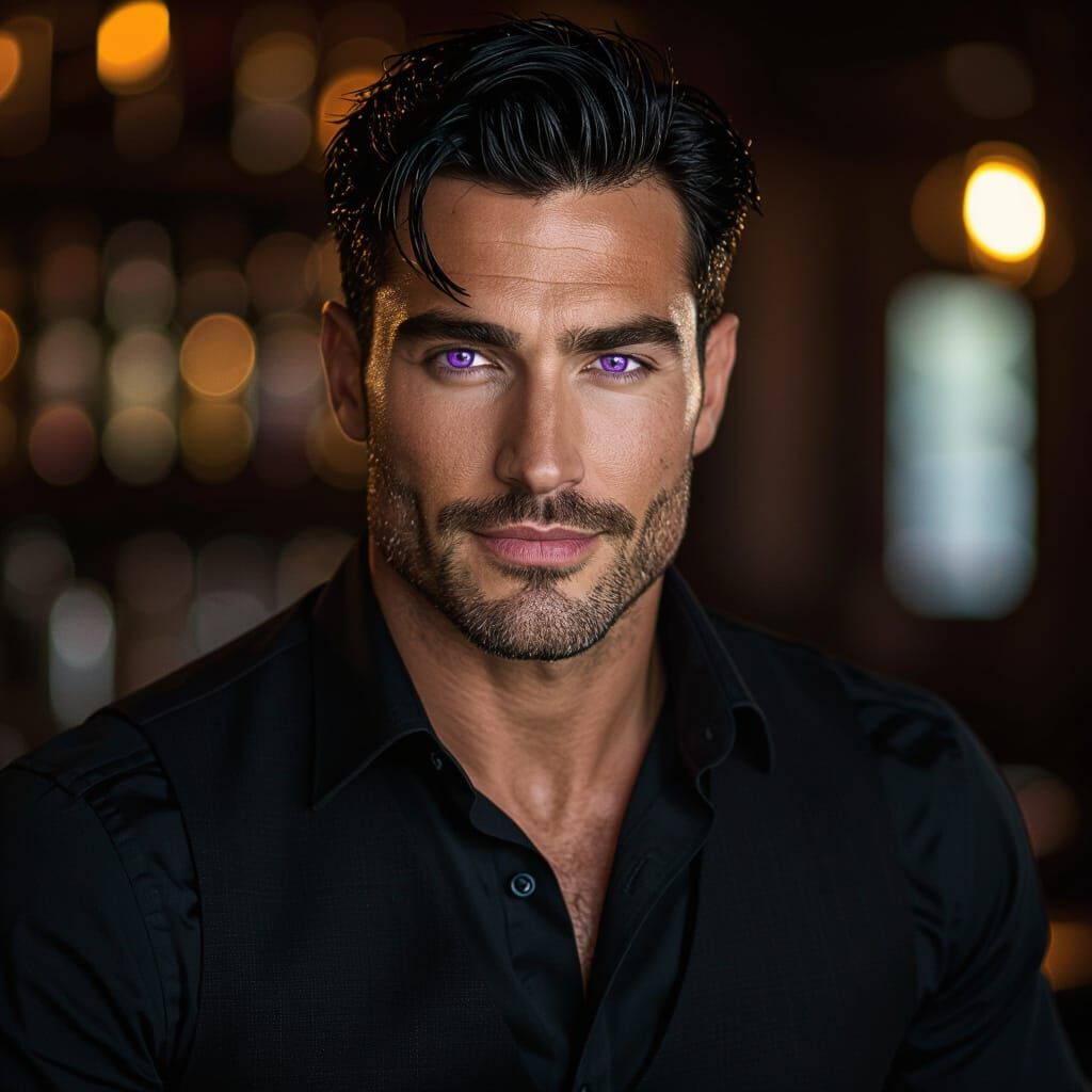 Mysterious Bartender with Purple Eyes in Dramatic Lighting