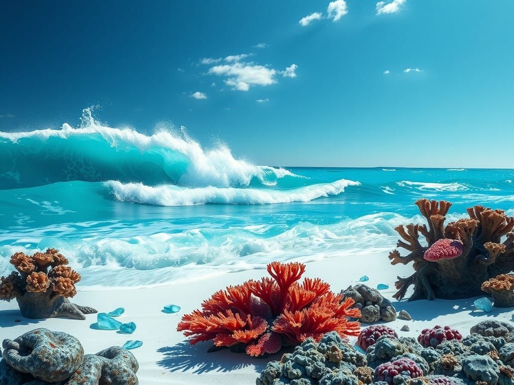 Monochrome Ocean Scene with Turquoise Waves in Style of Engr...