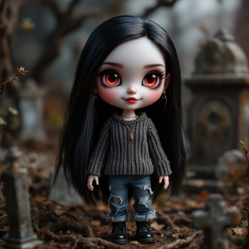 Mysterious Gothic Doll in a Haunted Graveyard