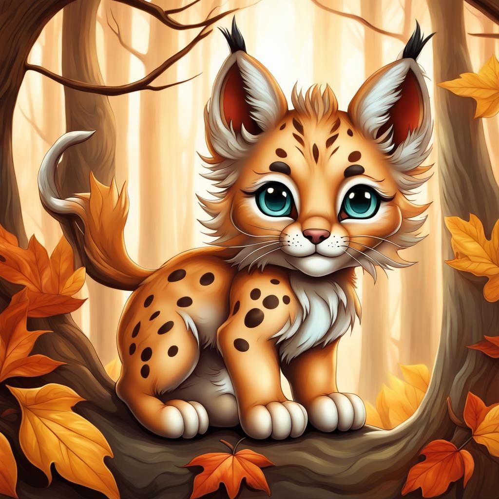 Chibi Baby Lynx in Vibrant Autumn Forest Art Nouveau Style