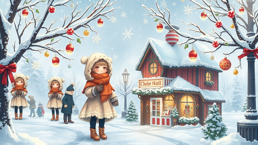 Kawaii Christmas Gathering in Snow Village, Hyperrealistic