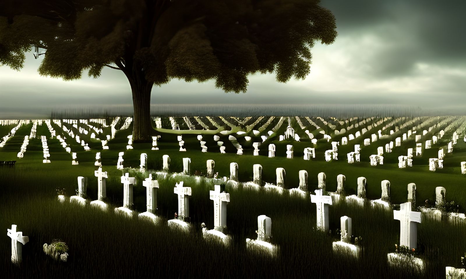 Expansive Cemetery Painting with Bones and Skulls