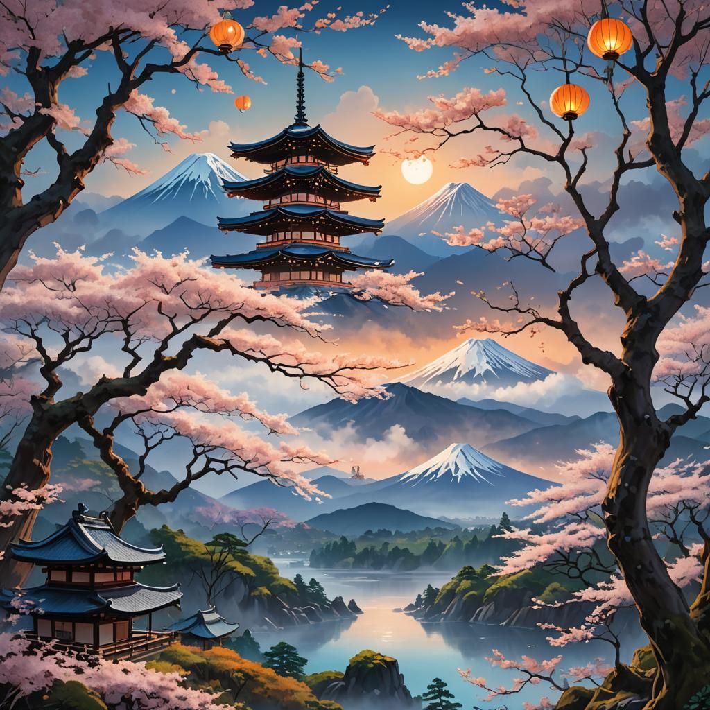 Mount Fuji in Magical Forest, Miyazaki-Inspired Art
