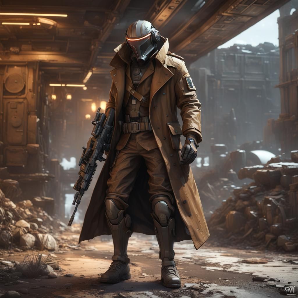 Bounty Hunter with Robot Arm in Dark Fantasy Style