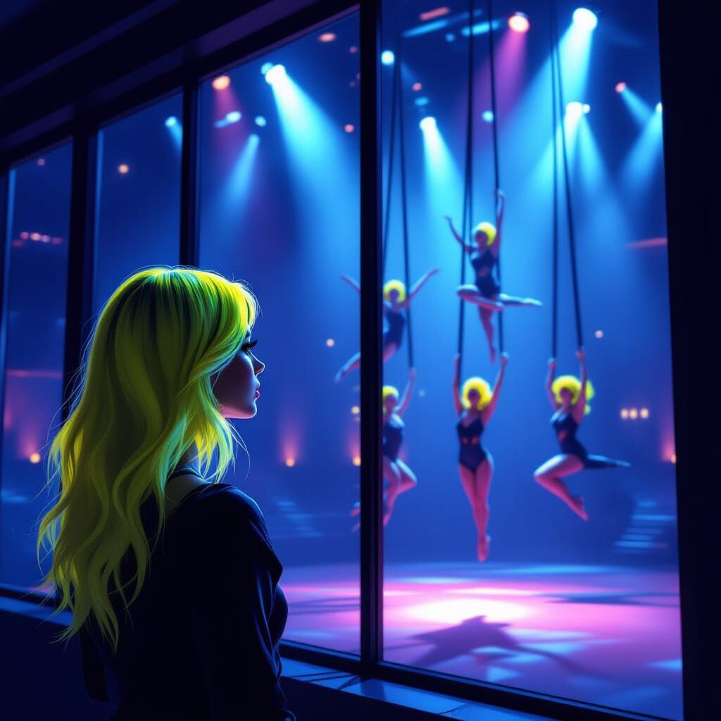 Neon Haired Woman Watches Aerial Acrobats in Dim Hall