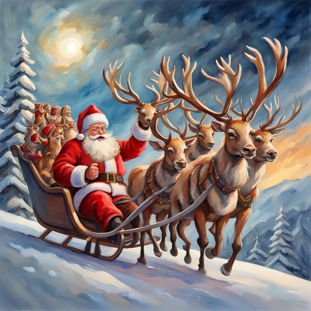 Santa Claus Sleigh Ride: Gouache Impressionist Masterpiece
