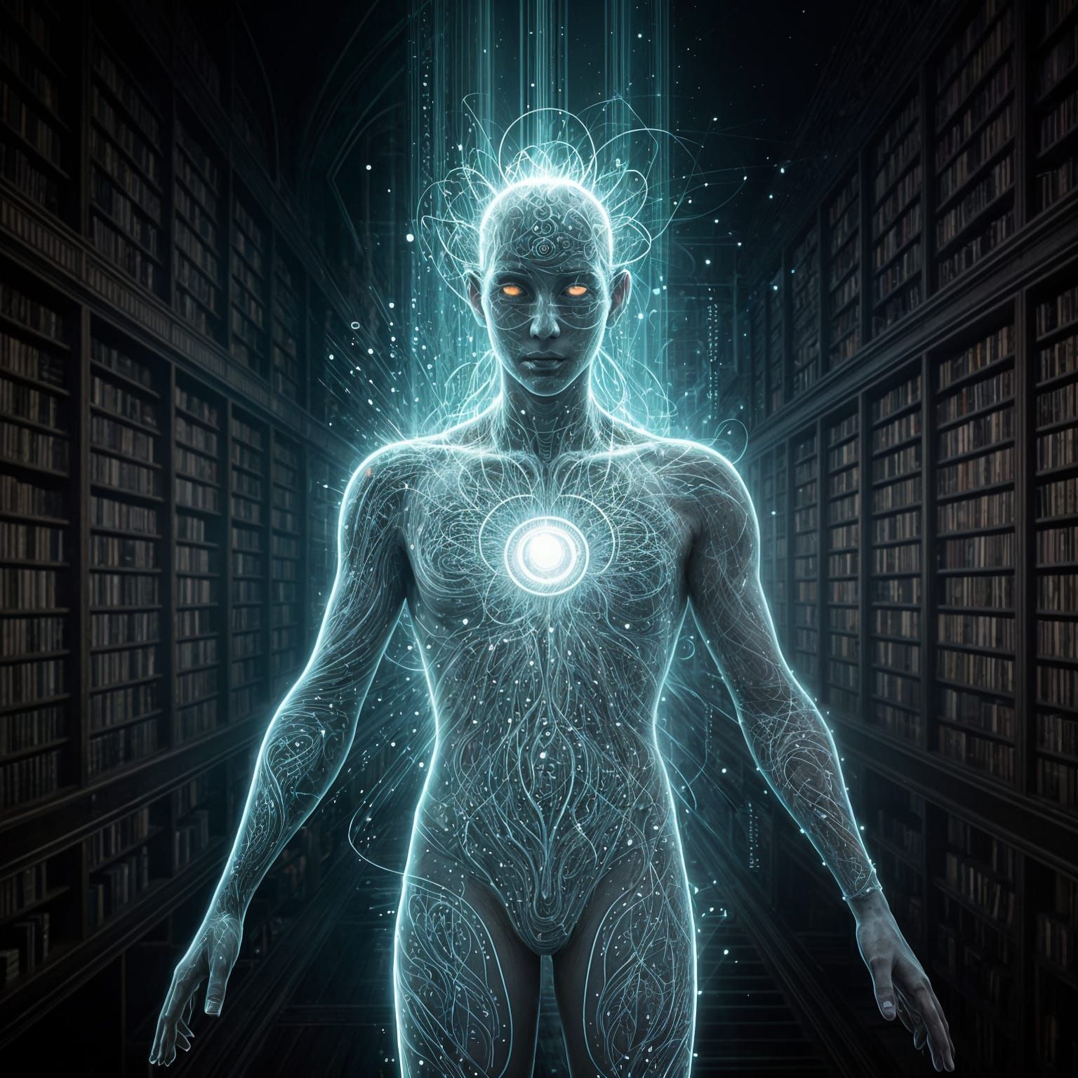 Surreal AI Entity Embodying Wisdom and Knowledge