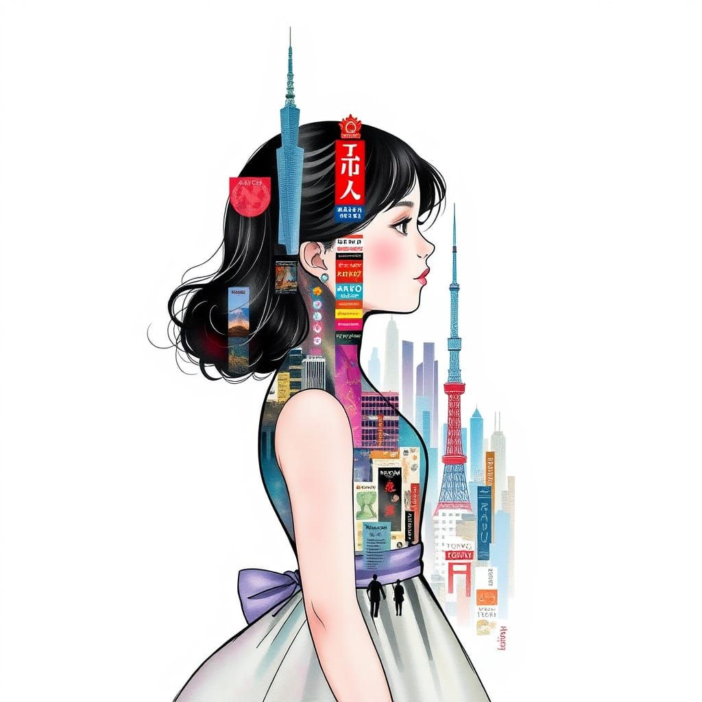 Girl with Tokyo Cityscape in Digital Painting Style