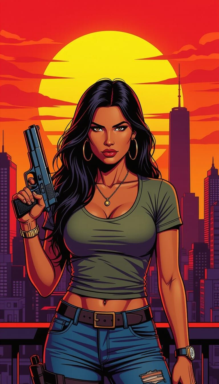 Hispanic Woman Warrior with Handgun in Comic Style