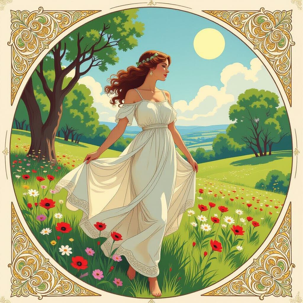Woman in Serene Landscape as Art Nouveau Painting