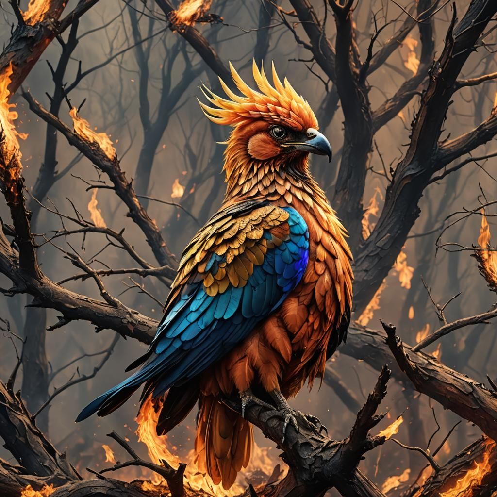 Blazing Firebird Head on Scorched Branch