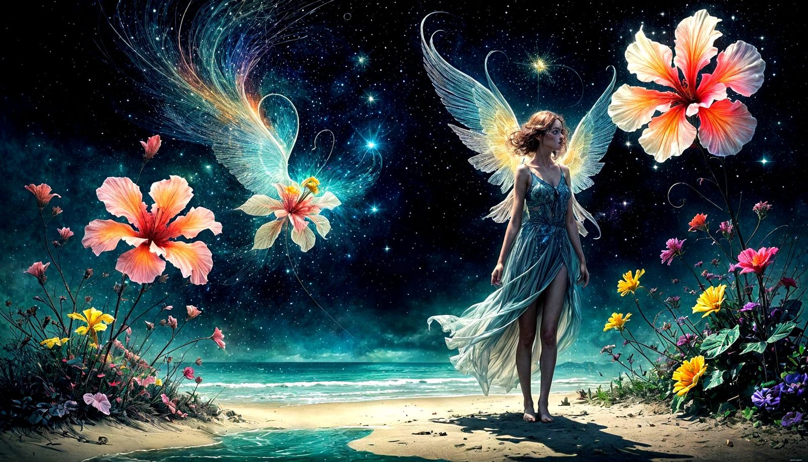 Angel with Hibiscus at Twilight, Fiber Optic Rainbow