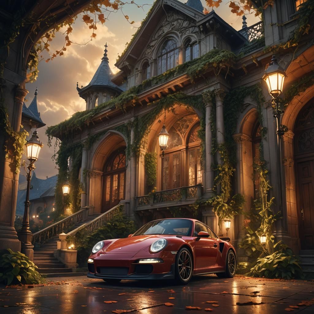 Gothic Porch and Lit 911 in Fantasy Art Style