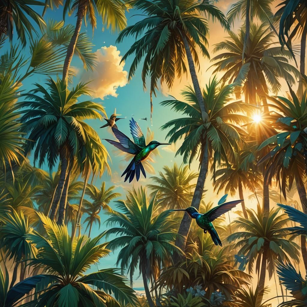 Iridescent Hummingbird Nest in Caribbean Palm Trees