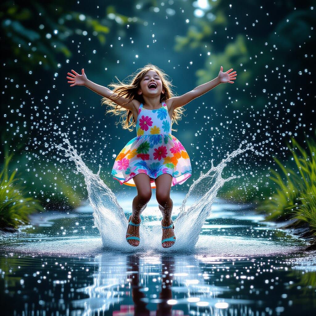 Girl in Mid-Air Leap Over Splashing Puddle