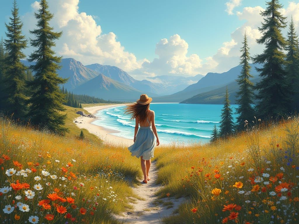 beautiful woman strolling through a mountain meadow prairie ...