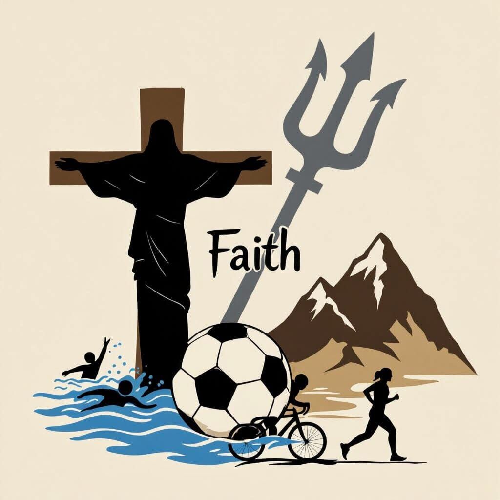 Silhouette of Jesus with Sports Elements in Illustrative Sty...