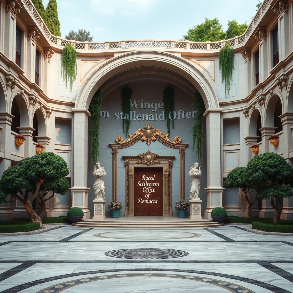 Elegant Demacian Palace with Grand Courtyard and Lush Garden...