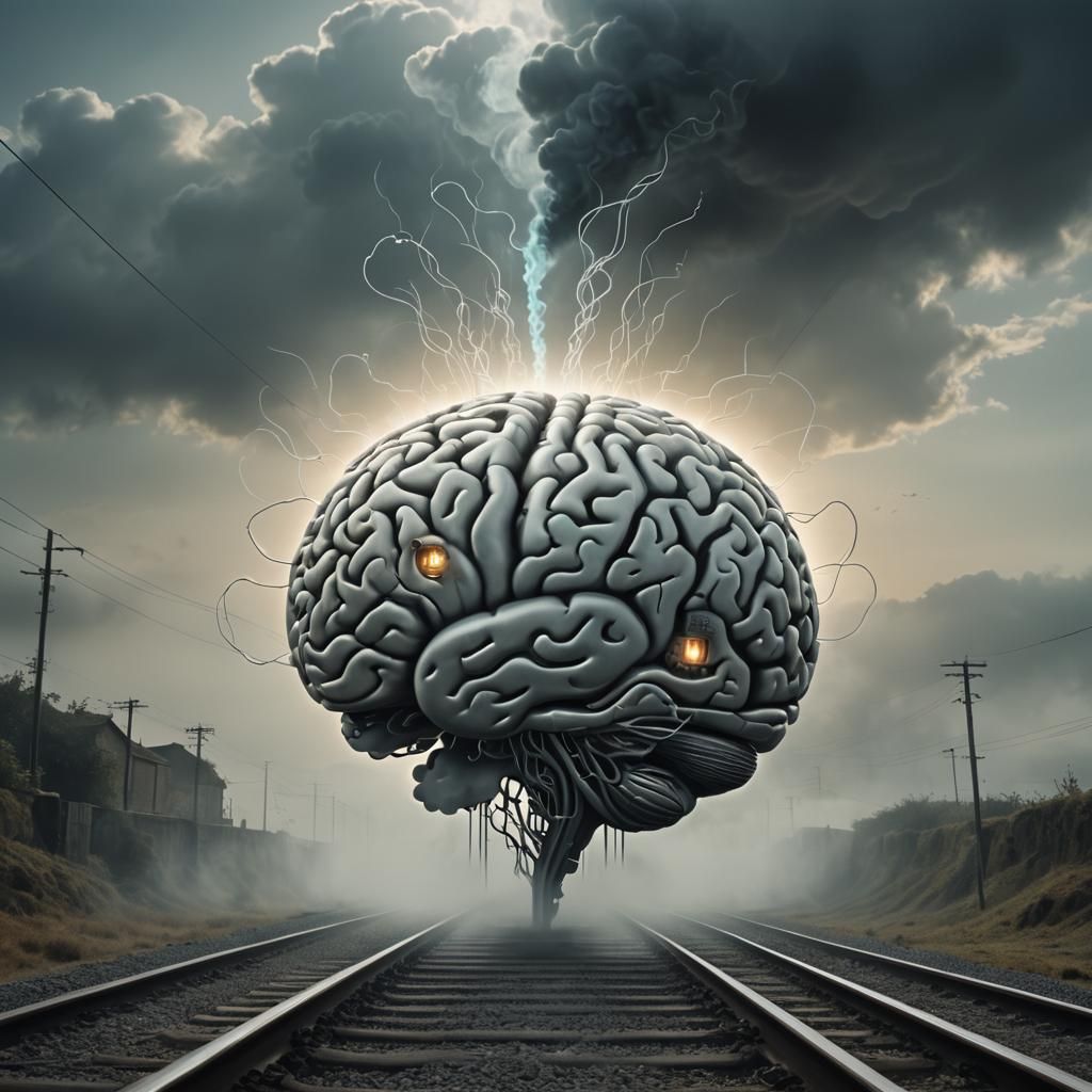 Surreal Brain on Train Tracks in Dreamlike Style