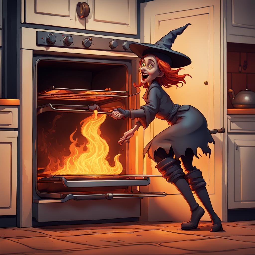 Cartoon Witch Burning in Oven, Detailed Matte Painting