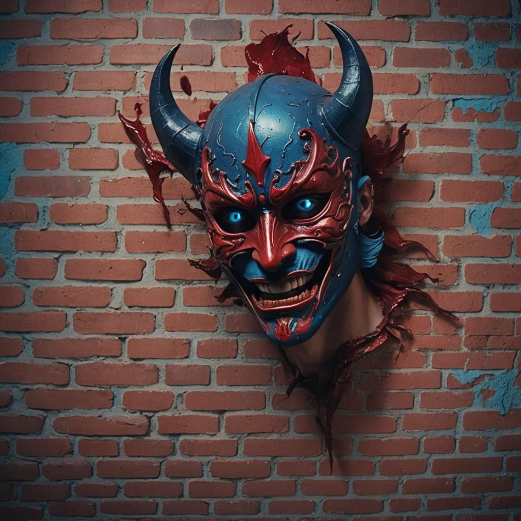 Man Removing Devil Mask in Dark, Detailed Painting