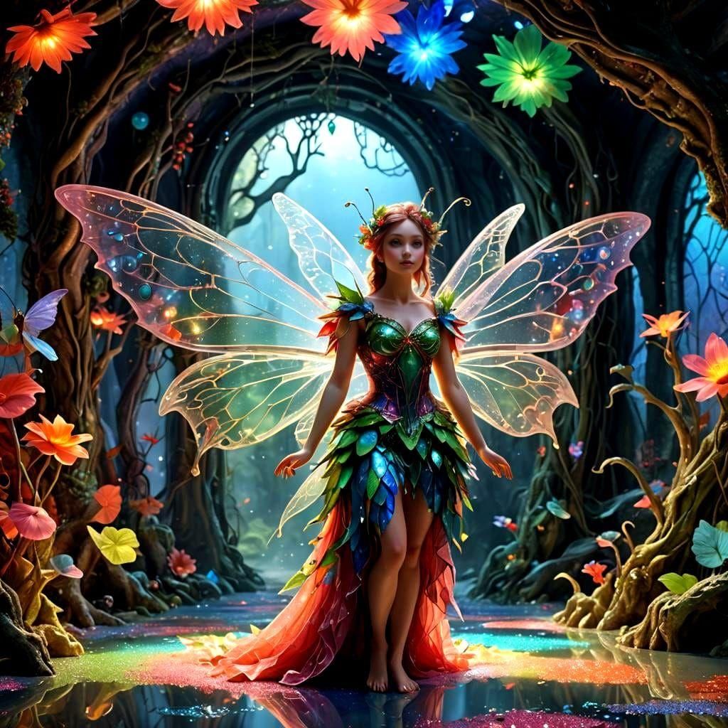 Vibrant Fairy with Intricate Wings in Neon Room