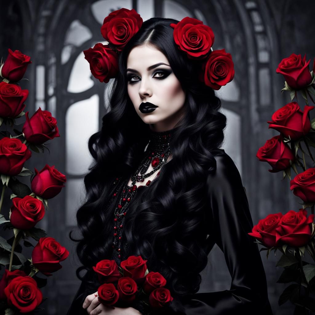 Beautiful Goth Girl with Roses and Red Dress
