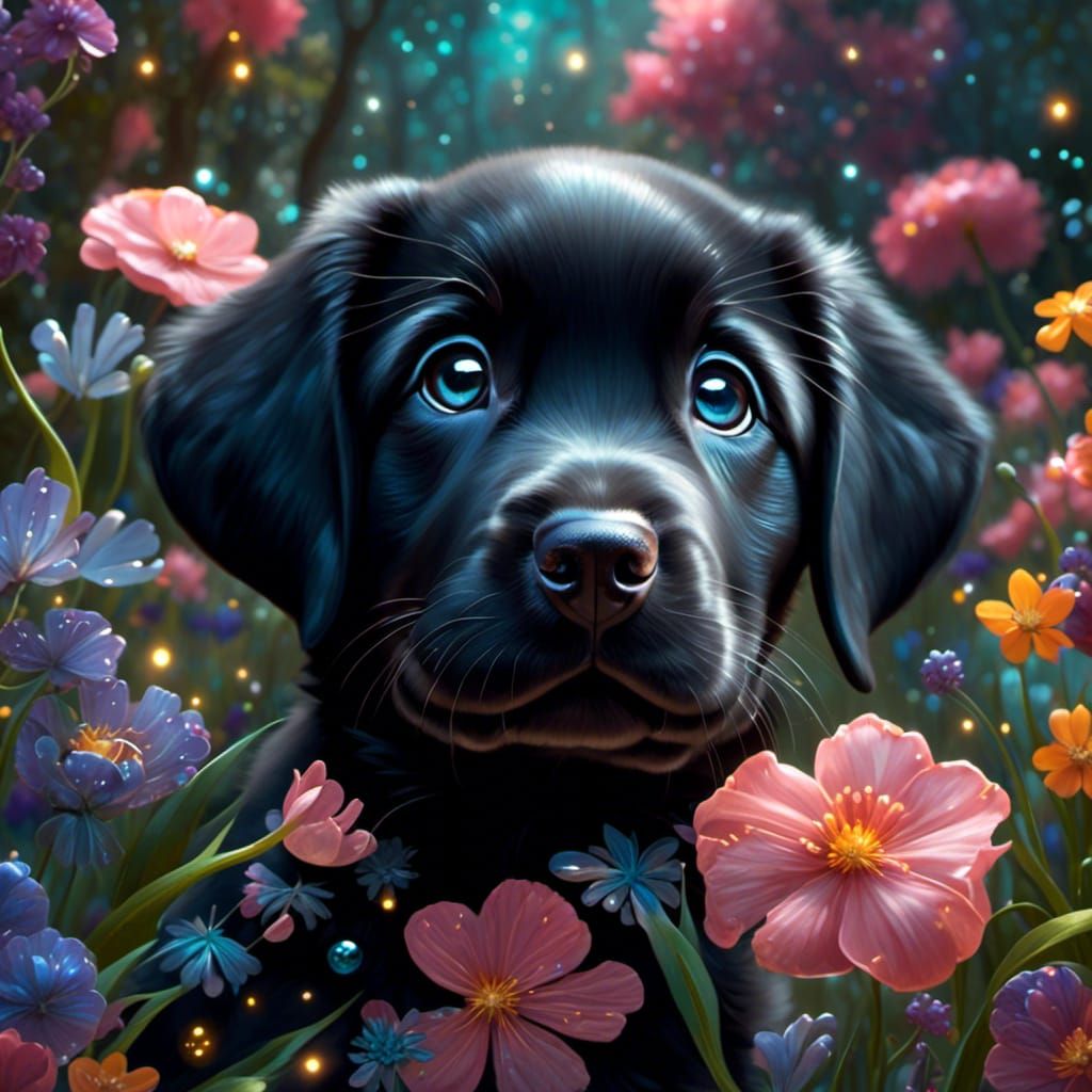 Adorable Black Lab Puppy in Magical Forest