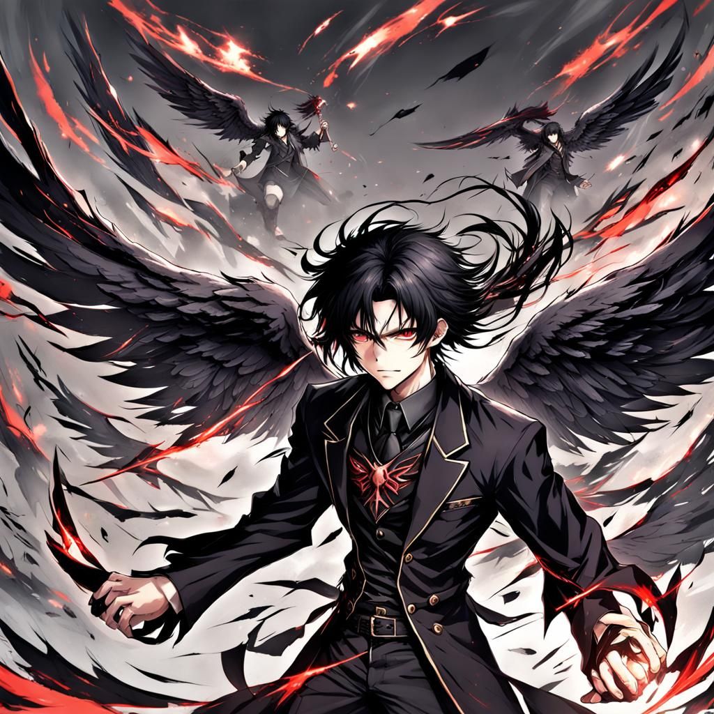 Male Fallen Angel with Black Wings in Anime Style