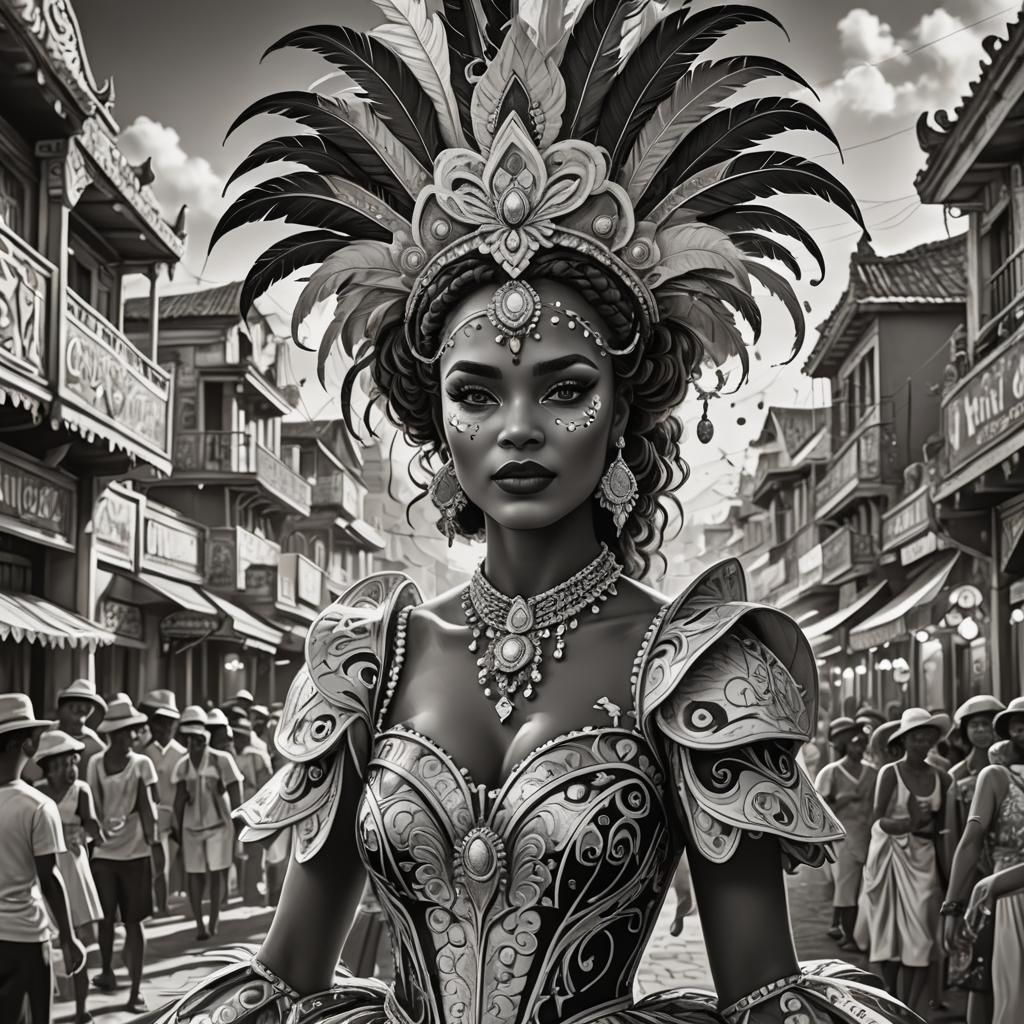 Carnival Woman Coloring Page in Detailed Fantasy Art