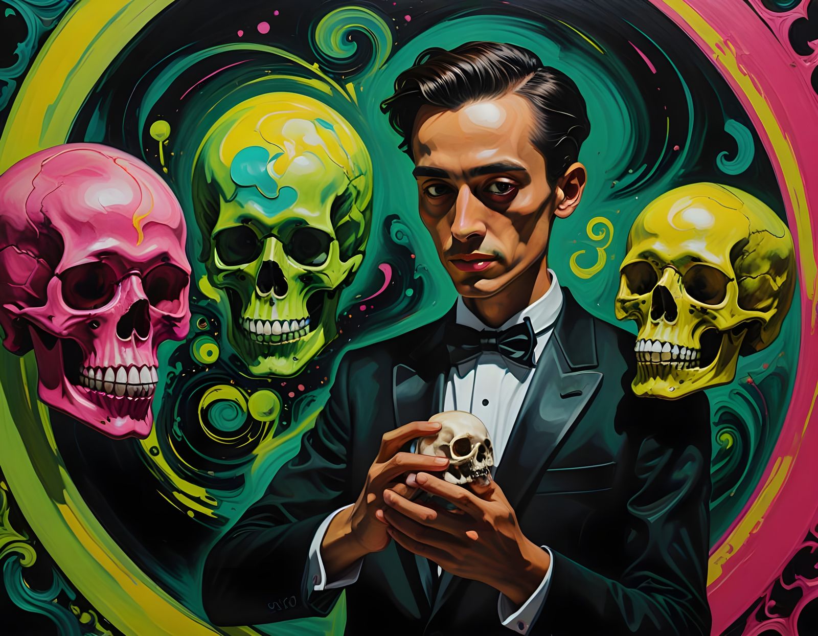 Boy in Tuxedo Holds Skull Amidst Psychedelic Colors