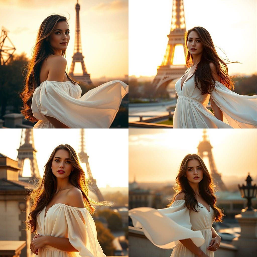 Elegant Woman in White Dress Before Eiffel Tower at Sunset