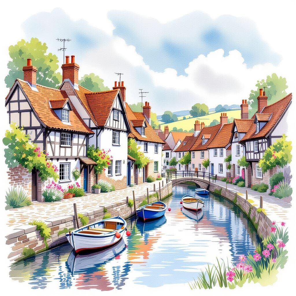 Intricate Watercolour Of A Beautiful Old Fishing Village