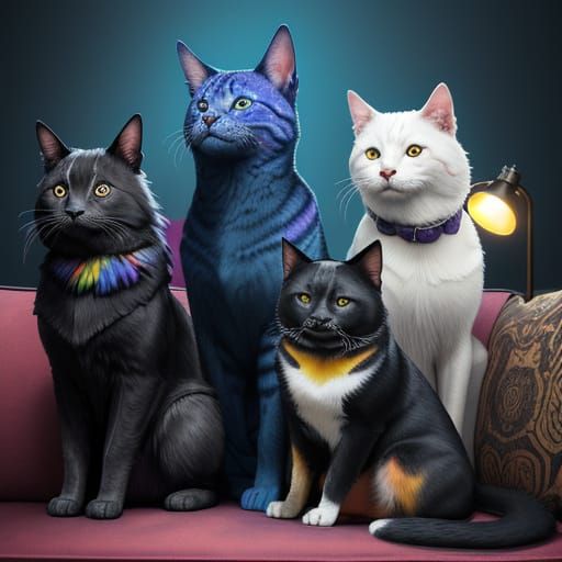 Vibrant Pets Gather on a Luxurious Couch in a Cinematic Art ...