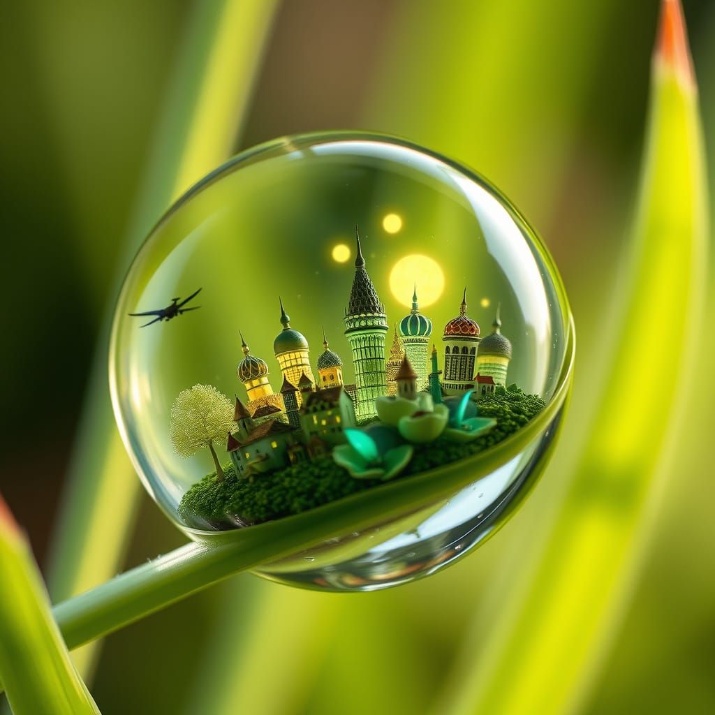 Miniature Cityscape Inside a Dewdrop, Hyperrealistic Art