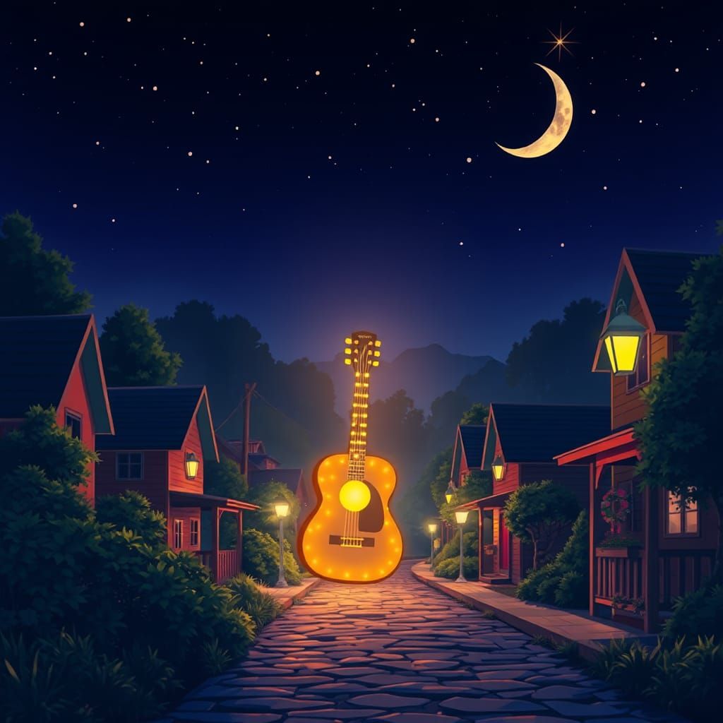 Glowing Guitar Lights in Quaint Village Nightscape