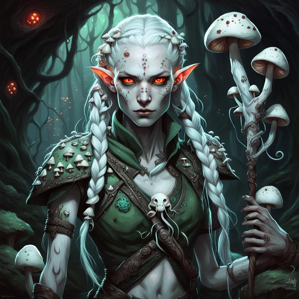Albino Drow Elf Druid in Mushroom Cavern