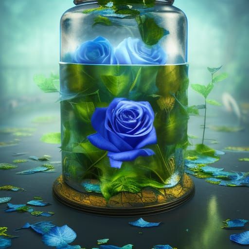 Blue Rose in Glass Jar: Detailed Matte Painting