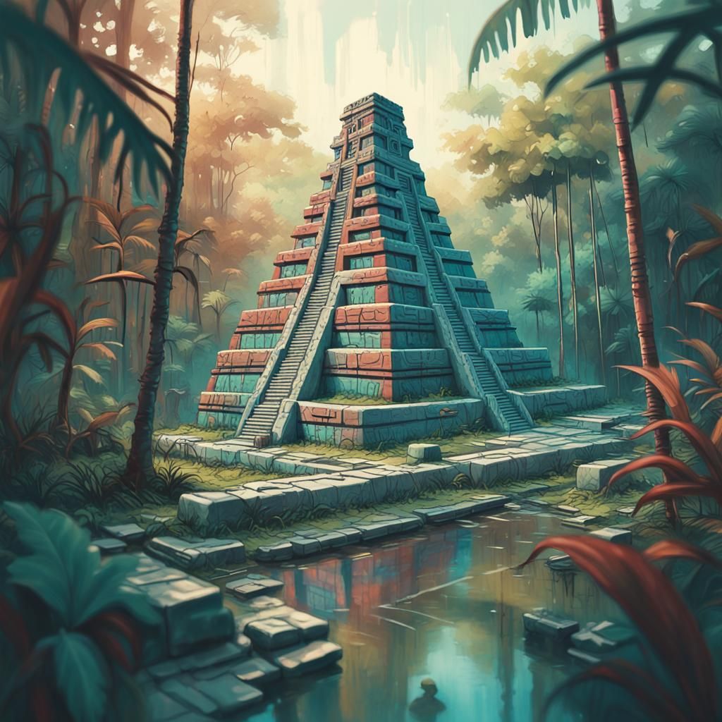 Mayan Temple in Jungle: Retrofuturistic Macro Photograph