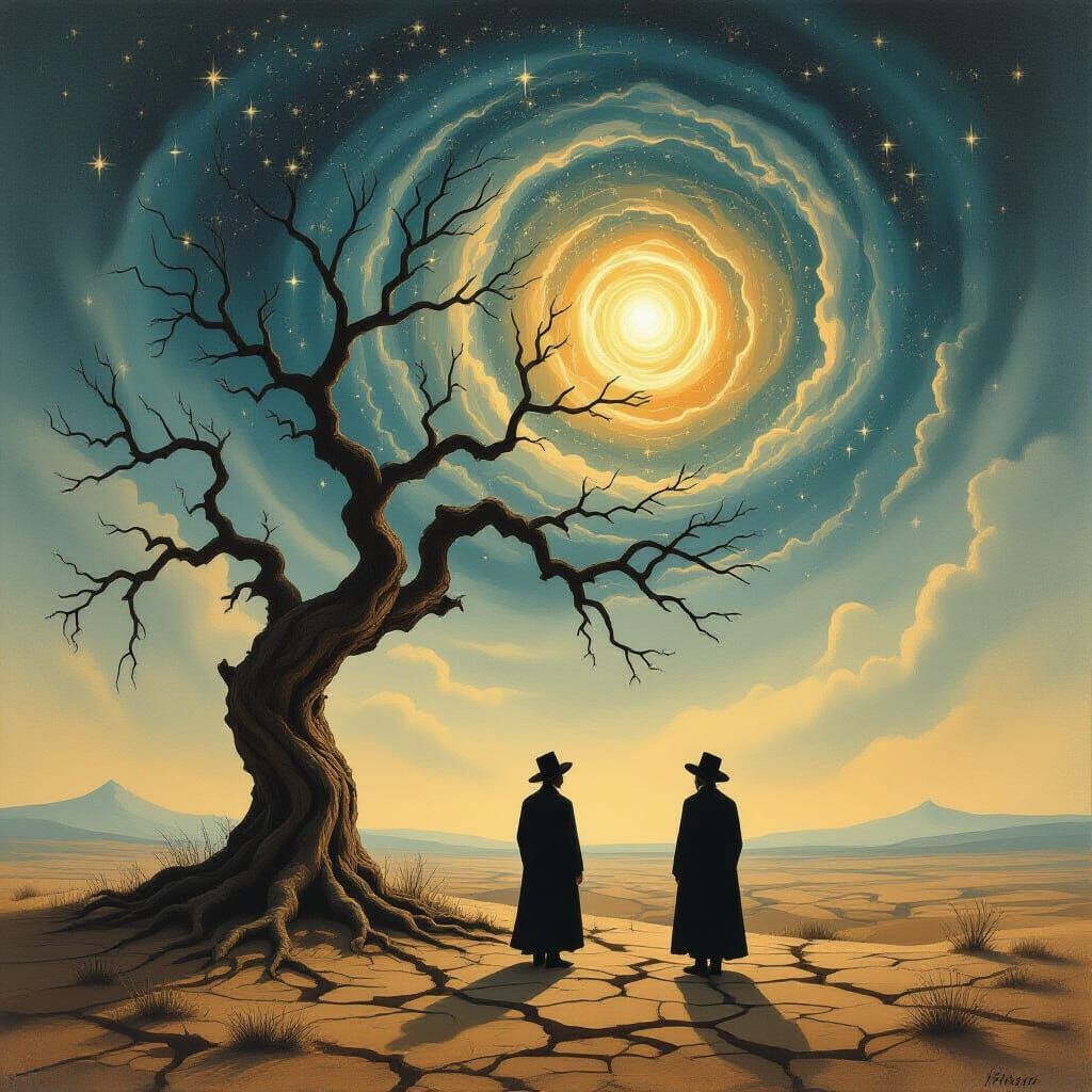 Hasidic Man Before Gnarled Tree Under Starry Sky