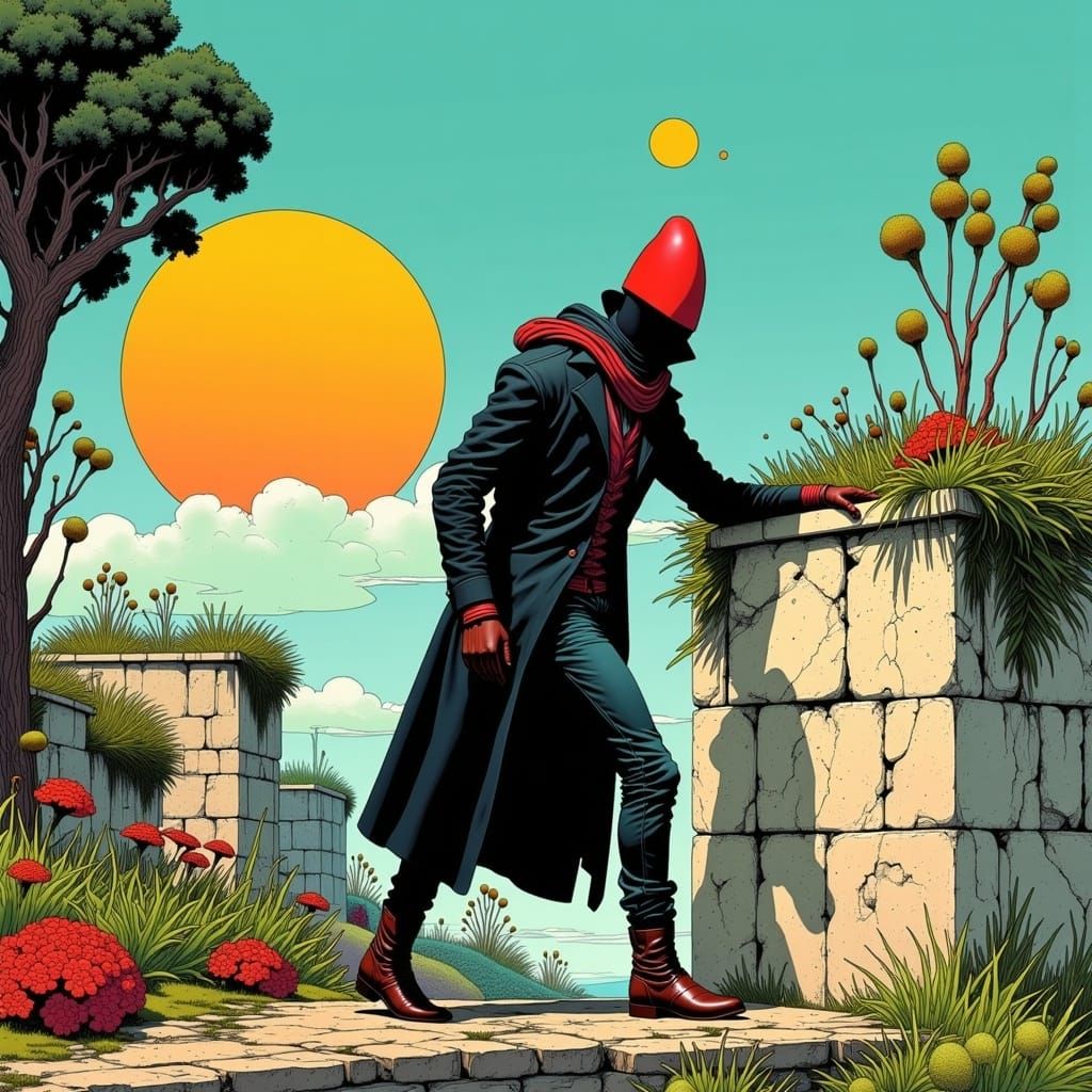 Pickpocket Climbing Garden Wall in Moebius Line Art