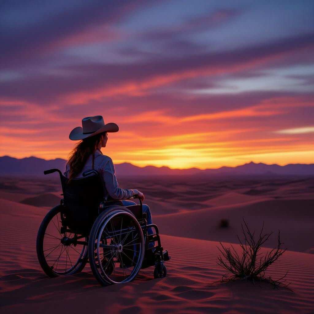 Cowgirl in Wheelchair Surveys Desert at Dusk