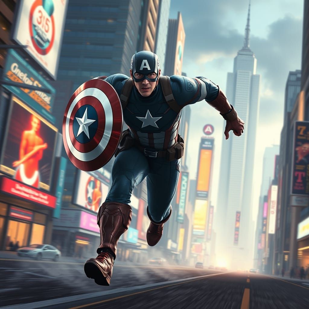 Superheroic Captain America in High-Speed Sprint