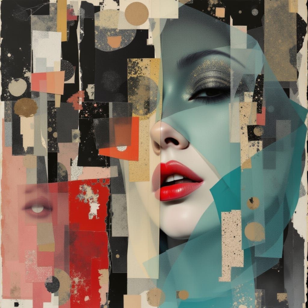 Abstract Collage: Kintsugi Repairs Red and Aqua on Charcoal