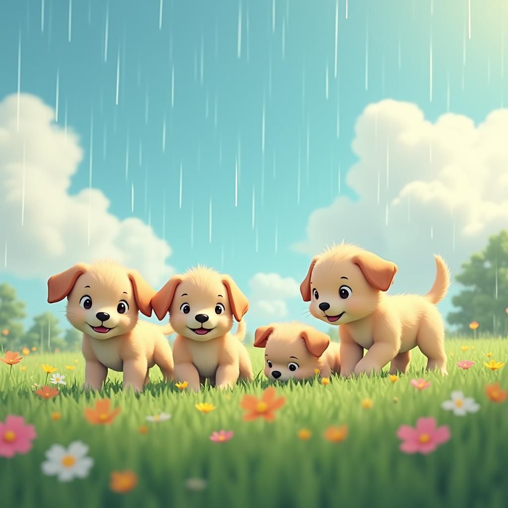 Puppies and Kittens Play in a Ghibli Dreamscape