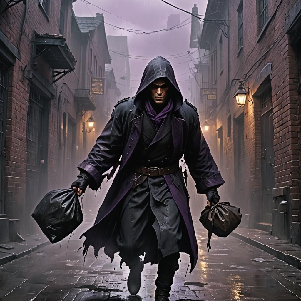 Thief Running in Rainy Alley in Dark Fantasy Style